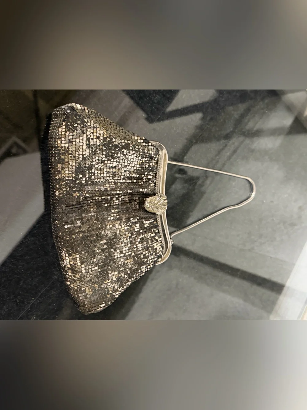 Vintage Whiting & Davis Silver Sequin Evening Bag Metal Frame & Rhinestone claps
